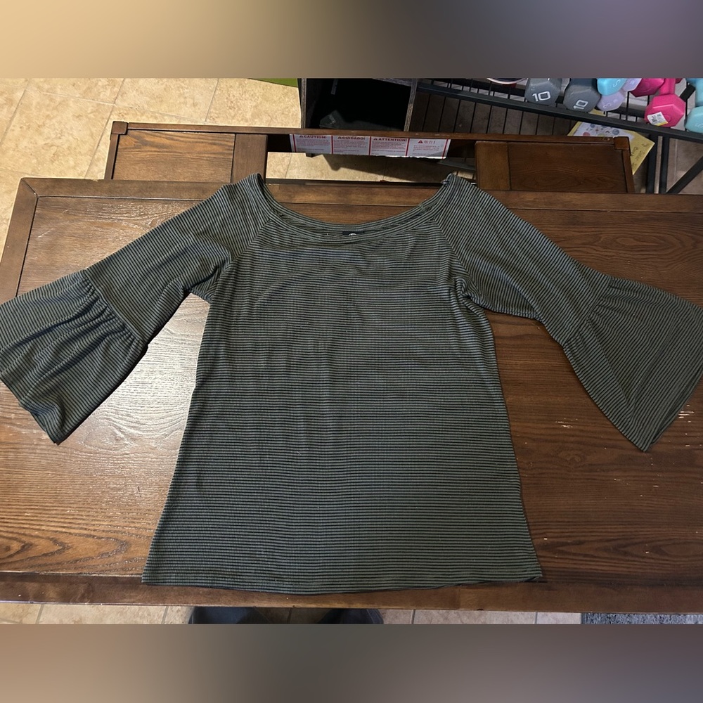 Bobeau Bell Sleeve Ribbed Striped Black and Green Women's Top